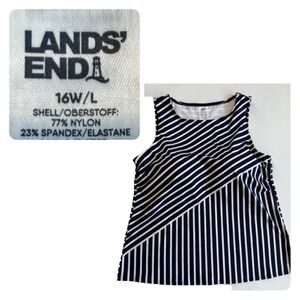 Lands End Tankini Swim Top Women 16W 1X Navy Blue White Striped High Neck Modest